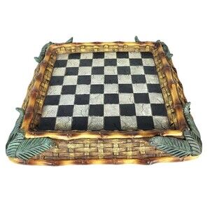 VTG Woven Wicker Palm Leaf Bamboo Tropical Jungle BLK/WHT Checker Chess Board